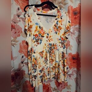 Torrid Floral V-Neck Top - Cream, Orange, Blue